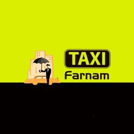 Gelbes Taxi-Logo mit schwarzem Text "TAXI Farnam" und einer Figur mit Schirm vor Gebäuden.