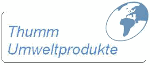 Logo mit der Aufschrift "Thumm Umweltprodukte" und einer Weltkugel rechts.