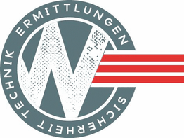 Logo mit großem "W", umgeben von den Worten "Ermittlungen", "Sicherheit", "Technik" und roten Streifen.