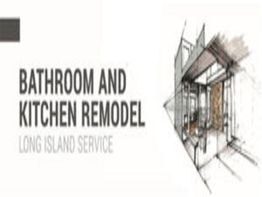 Bathroom and kitchen remodel advertisement with architectural sketches, Long Island service.