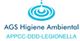 Logotipo de AGS Higiene Ambiental con texto: APPCC, DDD, LEGIONELLA y gota de agua.
