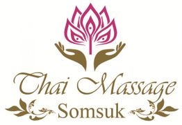 Logo von Thai Massage Somsuk: Rosa Lotusblume über braunen Händen, Schriftzug darunter.