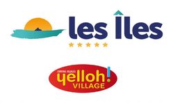 Logos de "Les Îles" et "Yelloh! Village" avec soleil et cinq étoiles.