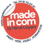 Logo rouge "made in com" avec coordonnées et services (print, web, vidéo, formation).
