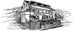 Schwarz-weiße Zeichnung eines zweistöckigen Hauses mit Terrasse und Berge im Hintergrund.