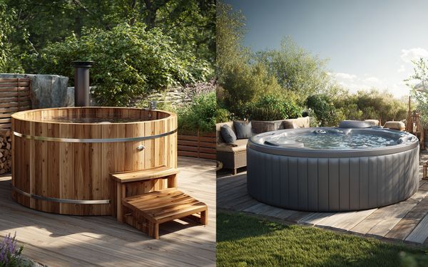 Vergleich zwischen einem rustikalen Holz-Badefass mit Holzofen, links und einem modernen Whirlpool mit LED-Beleuchtung und Massagedüsen rechts, in einem Garten bei Sonnenschein.