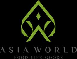 Ein grünes Logo mit der Aufschrift: Asia World - Food - Life - Goods auf schwarzem Hintergrund.