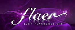 Lila Hintergrund mit dem Wort "flaer" und dem Slogan "Just Flavoured Air" in geschwungener Schrift.