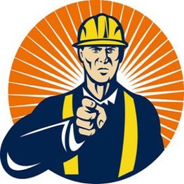 Illustration of a worker in a hard hat pointing forward, with sunburst background.