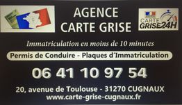 Publicité pour une agence de carte grise à Cugnaux, avec numéro de téléphone et site web.