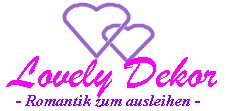 Zwei lila Herzen mit rosa Schrift: "Lovely Dekor - Romantik zum Ausleihen".