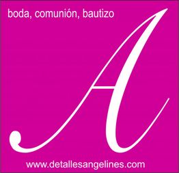 Letra "A" en fondo rosa con texto: boda, comunión, bautizo. Sitio web: detallesangelines.com.