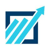 Abstraktes Logo mit blauem Quadrat, steigenden Balken und Pfeil nach oben.