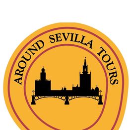 Logotipo circular de "Around Sevilla Tours" con un puente y torre en la silueta de la ciudad.