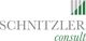 Logo der Firma Schnitzler Consult mit grauer und grüner Schrift und drei grauen Balken.
