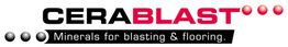 Logo von CERABLAST, mit dem Slogan "Minerals for blasting & flooring." und roten Punkten.