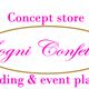 Scritta "Sogni Confettati" in un ovale, con "Concept store" e "Wedding & event planner" in rosa.