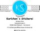 Logo von Karlchen's Stickerei mit Kontaktinformationen und Stickdesign-Details.