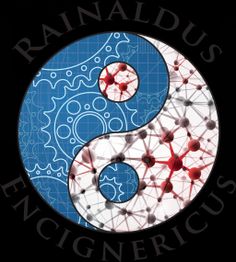 Simbolo yin yang con ingranaggi blu e rete di atomi rossi, testo: "Rainaldus Encignerius".