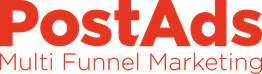 "Logo van PostAds met de tekst 'Multi Funnel Marketing' in rood."