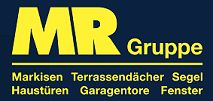 Gelbes "MR Gruppe"-Logo auf blauem Hintergrund mit Schriftzug: Markisen, Terrassendächer, Segel.