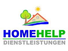 Logo mit Haus, Baum und Sonne, Text: "HOME HELP DIENSTLEISTUNGEN" in Blau und Grün.
