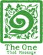 Grünes Logo mit einem Spiralmuster und Blättern. Text: "The One Thai Massage" in Grün.