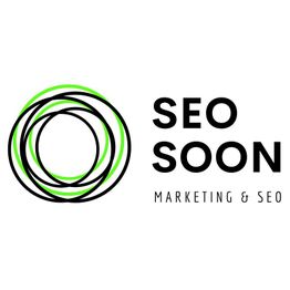 Logo mit grünen und schwarzen Kreisen, daneben Text: SEO SOON, Marketing & SEO.