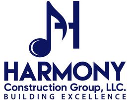 Harmony Construction logo with a musical note and the slogan "Building Excellence."