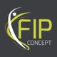 Logo mit Text "FIP CONCEPT" und dynamischen grünen und weißen Linien auf grauem Hintergrund.