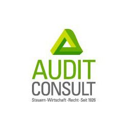 Logo von Audit Consult mit grünem und grauem Text und einem grünen Dreieckssymbol oben.