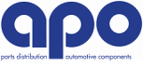Blaues "apo" Logo, darunter Text: "parts distribution" und "automotive components".