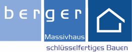 Logo von Berger Massivhaus mit blauem Hintergrund und weißem Haus-Symbol.