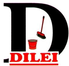 Großer Buchstabe "D" mit Besen und Eimer, darunter der Text "DILEI" in Rot.