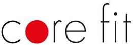 Schriftzug "core fit" mit rotem Punkt als "o" auf weißem Hintergrund.