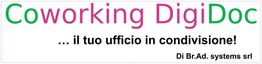 "Logo di Coworking DigiDoc con slogan: '... il tuo ufficio in condivisione!' e 'Di Br.Ad. systems srl'."