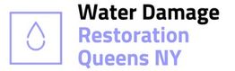 Water Damage Restoration Queens NY logo with water droplet icon.