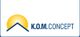 Logo mit Schriftzug "K.O.M. CONCEPT", gelber Kreis, blaues Dreieck.