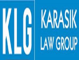 Blue logo with "KLG" and "Karasik Law Group" in white text.