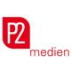 Rotes P2-Medien-Logo mit stilisiertem Schildmotiv.
