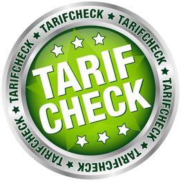 Grünes Logo mit dem Text "Tarifcheck" und sechs Sternen auf einem silbernen Kreis.