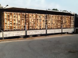 Vrachtwagen vol houten pallets met stenen.
