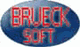 Blaues Oval mit rotem Text "BRUECK SOFT".