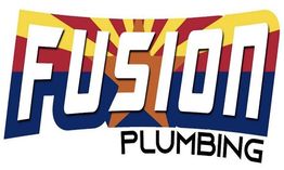 Logo with "Fusion Plumbing" text, Arizona flag colors, sun, and star design in the background.