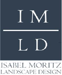 Logo reading "IM/LD, Isabel Moritz Landscape Design" in white on a dark blue background.