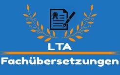 Symbol mit Dokument und Stift, umgeben von Lorbeerkranz. Text: LTA Fachübersetzungen.