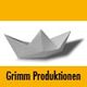 Papierboot auf gelbem Hintergrund mit Text "Grimm Produktionen" darunter.