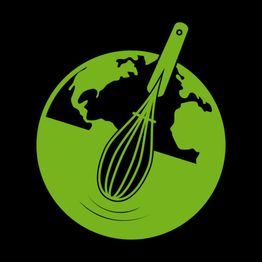 Globo verde con batidor en negro, simbolizando la cocina y el mundo en fondo negro.