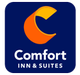 Logo of Comfort Inn & Suites with an orange and yellow icon on a blue background.