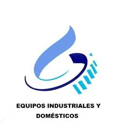 Logotipo abstracto azul con texto: "Equipos Industriales y Domésticos" en negrita.